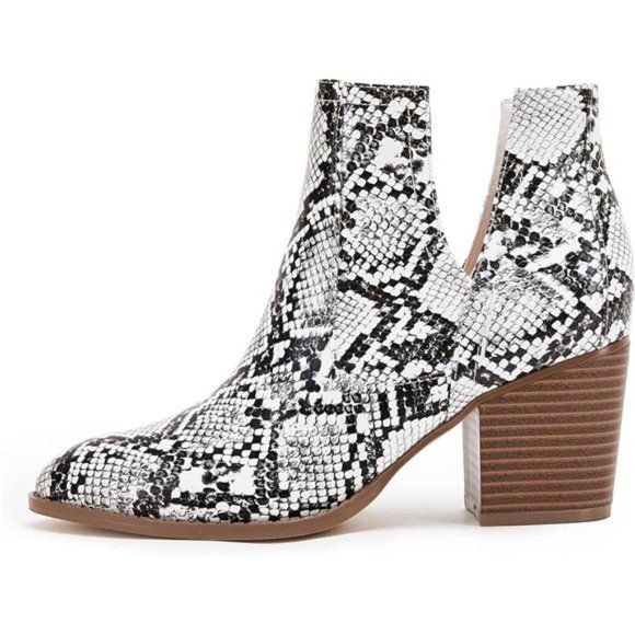 Womens Pointed Toe Stacked Mid Heel Ankle Boots V Cut Faux Leather Booties - Picture 3 of 7